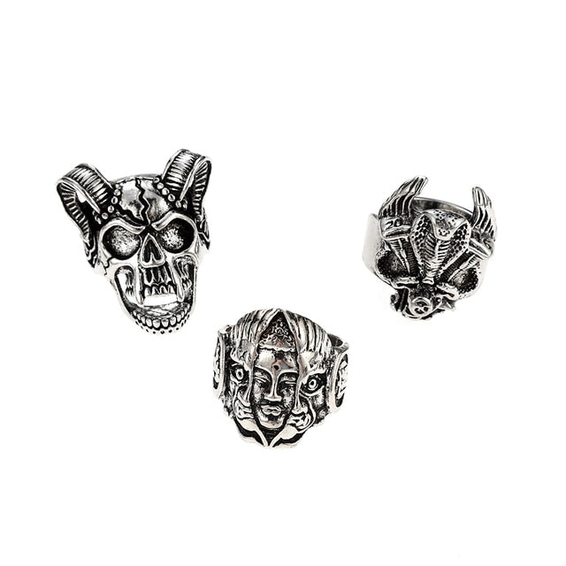 3pc 4pc 5pc Vintage Gothic Snake Rings Men Bull Head Skull Feather Dragon Cross Animal Men Ring Punk Jewelry Evil Eye Ball Ring daiiibabyyy