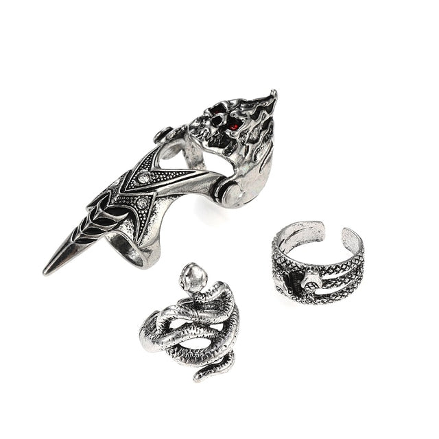 3pc 4pc 5pc Vintage Gothic Snake Rings Men Bull Head Skull Feather Dragon Cross Animal Men Ring Punk Jewelry Evil Eye Ball Ring daiiibabyyy