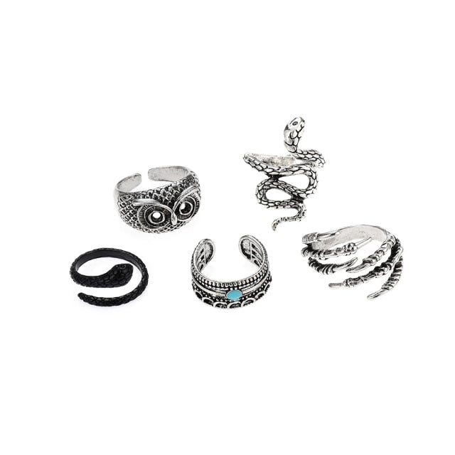 3pc 4pc 5pc Vintage Gothic Snake Rings Men Bull Head Skull Feather Dragon Cross Animal Men Ring Punk Jewelry Evil Eye Ball Ring daiiibabyyy