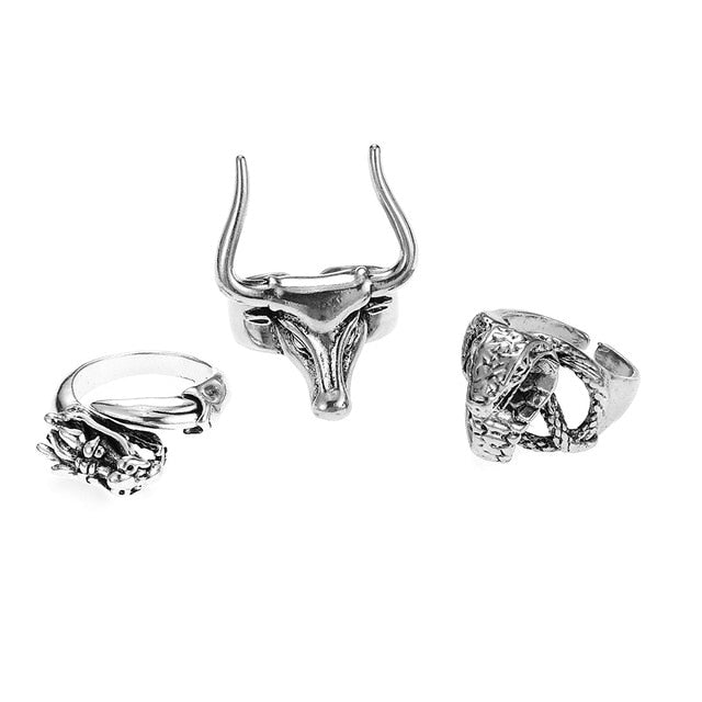 3pc 4pc 5pc Vintage Gothic Snake Rings Men Bull Head Skull Feather Dragon Cross Animal Men Ring Punk Jewelry Evil Eye Ball Ring daiiibabyyy