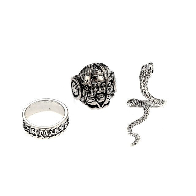 3pc 4pc 5pc Vintage Gothic Snake Rings Men Bull Head Skull Feather Dragon Cross Animal Men Ring Punk Jewelry Evil Eye Ball Ring daiiibabyyy