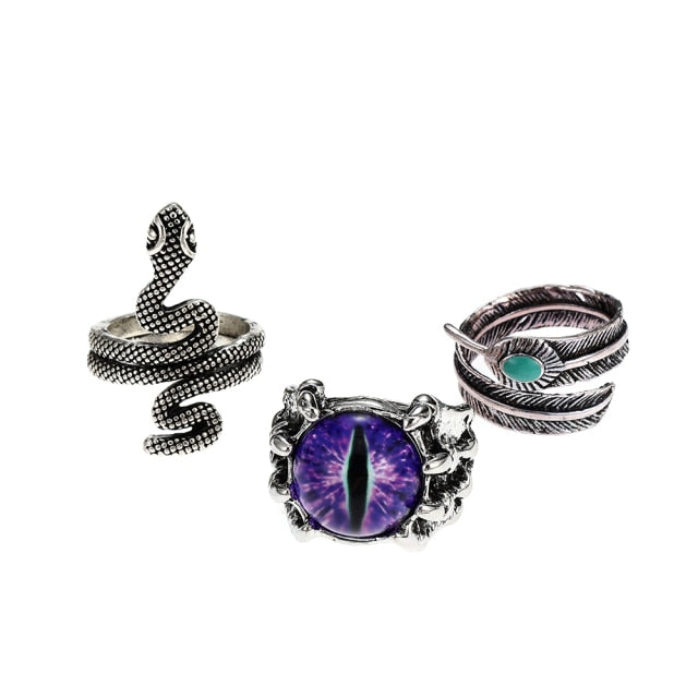 3pc 4pc 5pc Vintage Gothic Snake Rings Men Bull Head Skull Feather Dragon Cross Animal Men Ring Punk Jewelry Evil Eye Ball Ring daiiibabyyy
