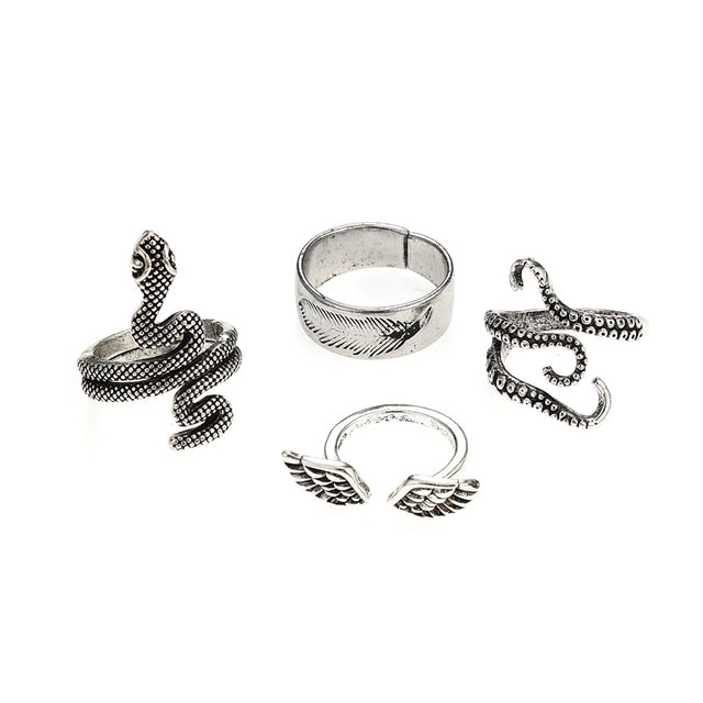 3pc 4pc 5pc Vintage Gothic Snake Rings Men Bull Head Skull Feather Dragon Cross Animal Men Ring Punk Jewelry Evil Eye Ball Ring daiiibabyyy