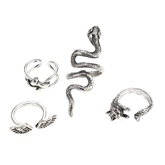 3pc 4pc 5pc Vintage Gothic Snake Rings Men Bull Head Skull Feather Dragon Cross Animal Men Ring Punk Jewelry Evil Eye Ball Ring daiiibabyyy