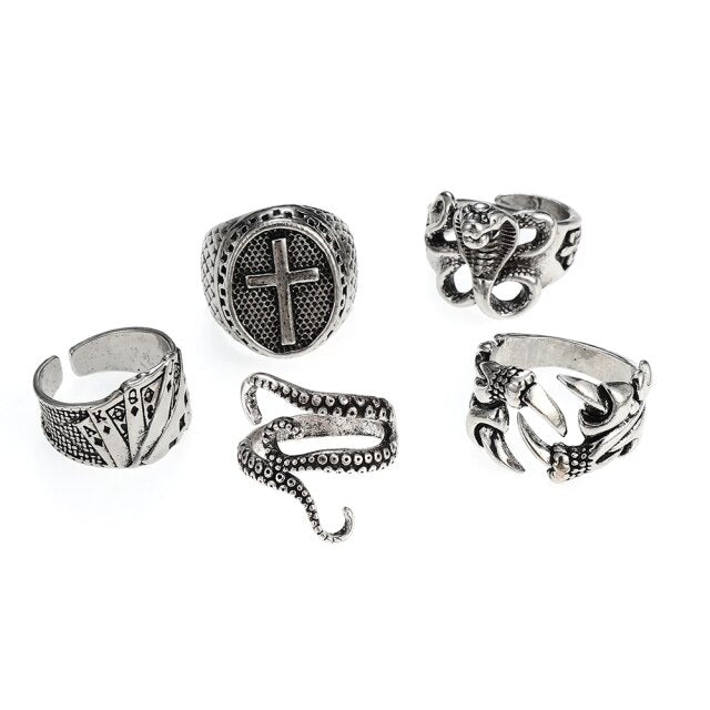 3pc 4pc 5pc Vintage Gothic Snake Rings Men Bull Head Skull Feather Dragon Cross Animal Men Ring Punk Jewelry Evil Eye Ball Ring daiiibabyyy