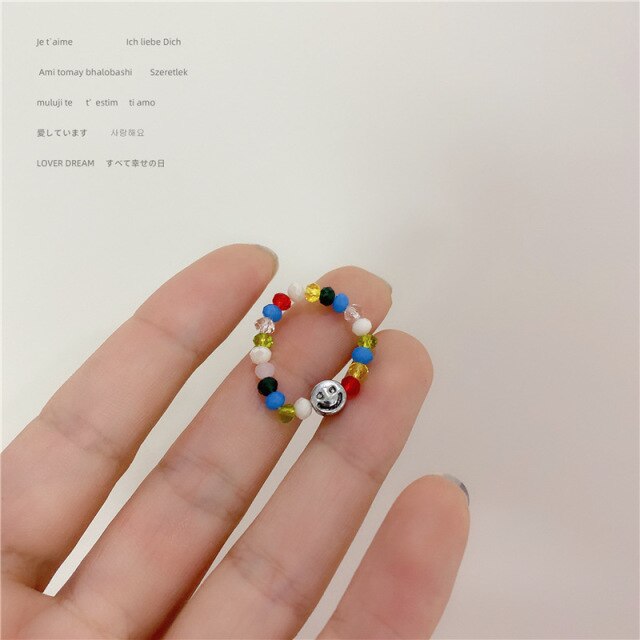 AOMU  Fashion Crystal Beaded Rings Cute Minimalist Coloful Beads Geometric Stacked Fine Rings for Women Party Gift Jewelry daiiibabyyy