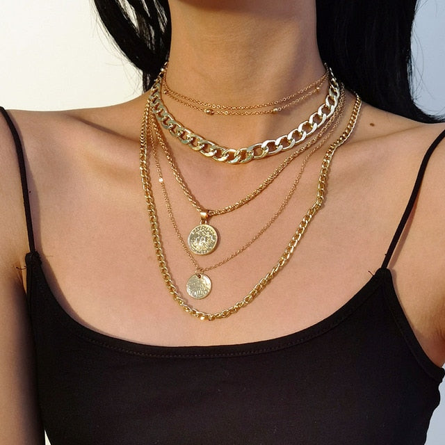 Boho Multilayer Stainless Steel Snake Chain Portrait Engraved Coin Butterfly Pendant Thick Clavicle Necklaces Set Girl Jewelry daiiibabyyy