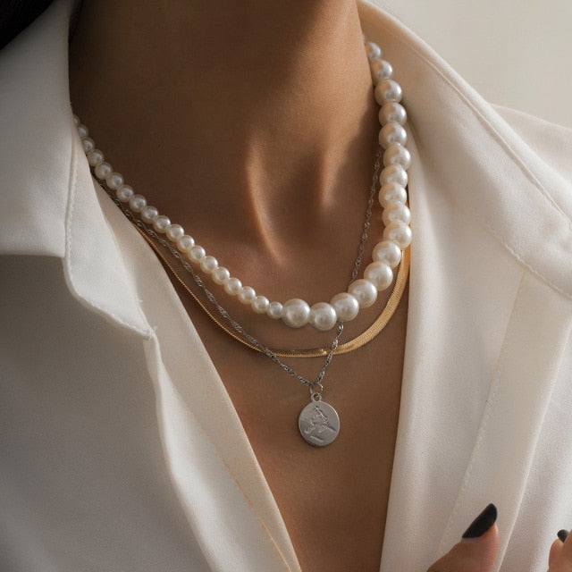 Boho Multilayer Stainless Steel Snake Chain Portrait Engraved Coin Butterfly Pendant Thick Clavicle Necklaces Set Girl Jewelry daiiibabyyy