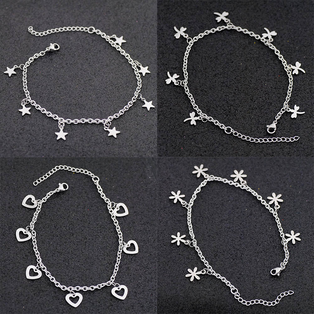 Allergy Free Stainless Steel Ankle Bracelet for Women Pentacle Love Heart Charm Bracelet on Leg Girls Foot Chains Anklet Jewelry daiiibabyyy