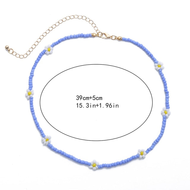 Bohemian White And BlueSeed Bead Flower Choker Necklace Statement Short Collar Clavicle Chain Necklace For Women Jewelry Bijoux daiiibabyyy