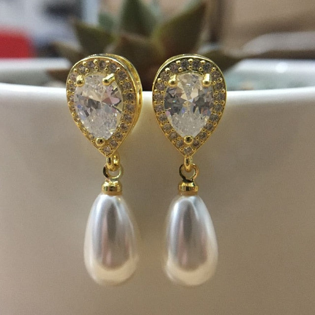 All Type Fashion Imitation Pearl Drop Earrings with Cubic Zirconia Elegant Women Wedding Earrings for Bridal India Jewelry daiiibabyyy