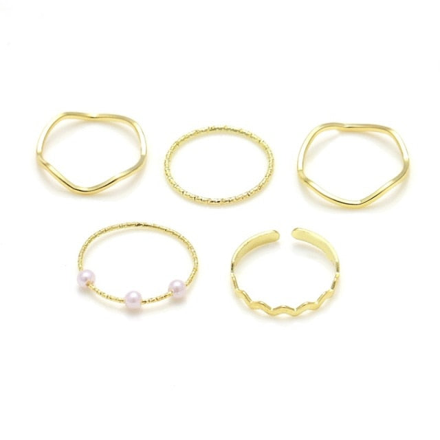 Boho Gold Silver Color Pearl Rings Set For Women Fashion Geometric Twist Hollow Open Ring Joint Finger Rings Charm Jewelry daiiibabyyy