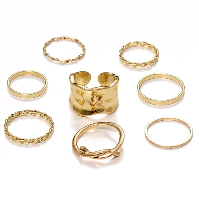 Boho Gold Silver Color Pearl Rings Set For Women Fashion Geometric Twist Hollow Open Ring Joint Finger Rings Charm Jewelry daiiibabyyy