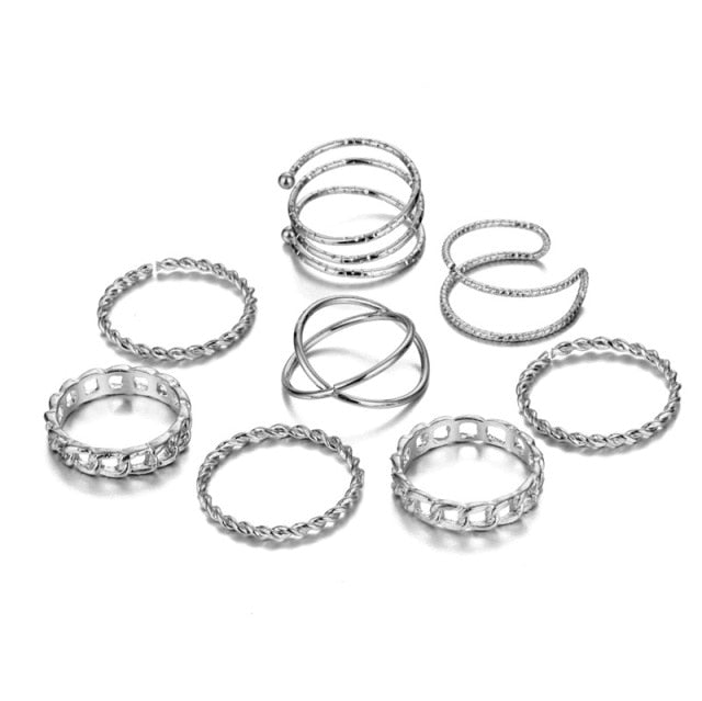 Boho Gold Silver Color Pearl Rings Set For Women Fashion Geometric Twist Hollow Open Ring Joint Finger Rings Charm Jewelry daiiibabyyy