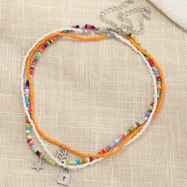 Bohemian Multilayer Seed Bead Star Moon Butterfly Pendant Necklace For Women Fashion Beach Simple Lock Choker Collar Gift daiiibabyyy
