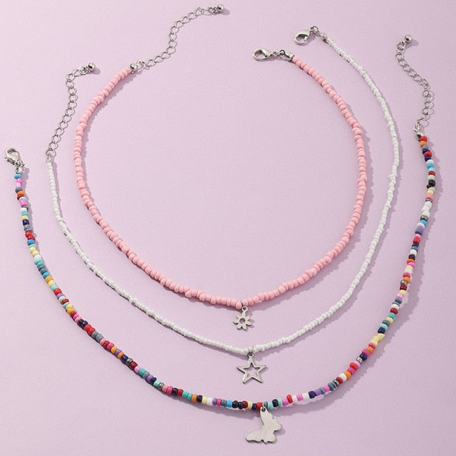 Bohemian Multilayer Seed Bead Star Moon Butterfly Pendant Necklace For Women Fashion Beach Simple Lock Choker Collar Gift daiiibabyyy