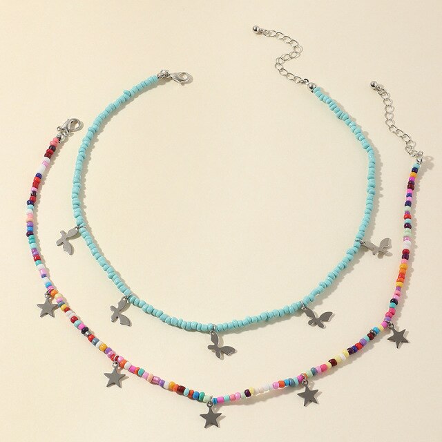 Bohemian Multilayer Seed Bead Star Moon Butterfly Pendant Necklace For Women Fashion Beach Simple Lock Choker Collar Gift daiiibabyyy