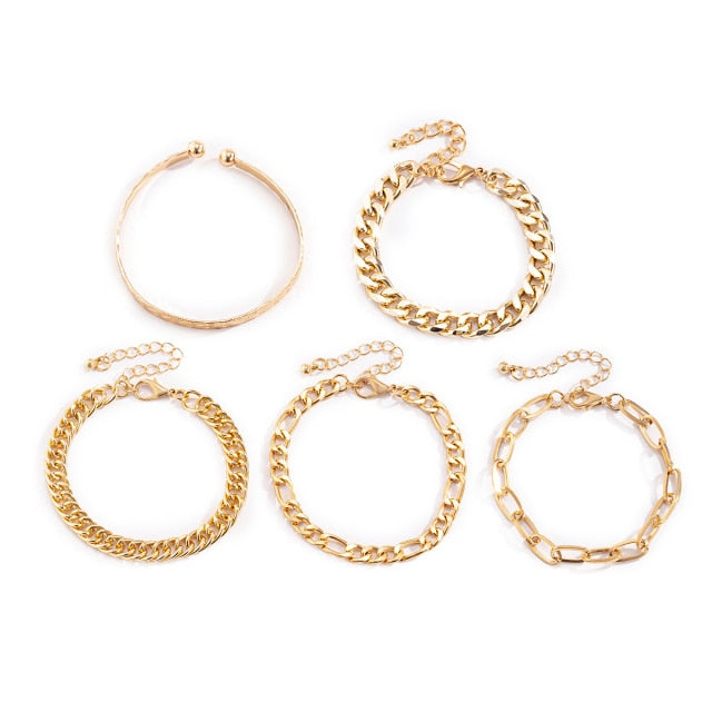 5Pcs/Set Bohemian Punk Cuban Chain Bracelets Set for Women Lock Snake Link Charm Bracelets Bangles Couple Fashion Wrist Jewelry daiiibabyyy