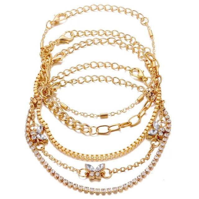 5 Pieces \ Set Fashion New Gold Silver Heart Pendant Anklet Girl Summer Beach Ankle Bracelet  Women Accessories Jewelry Gift daiiibabyyy