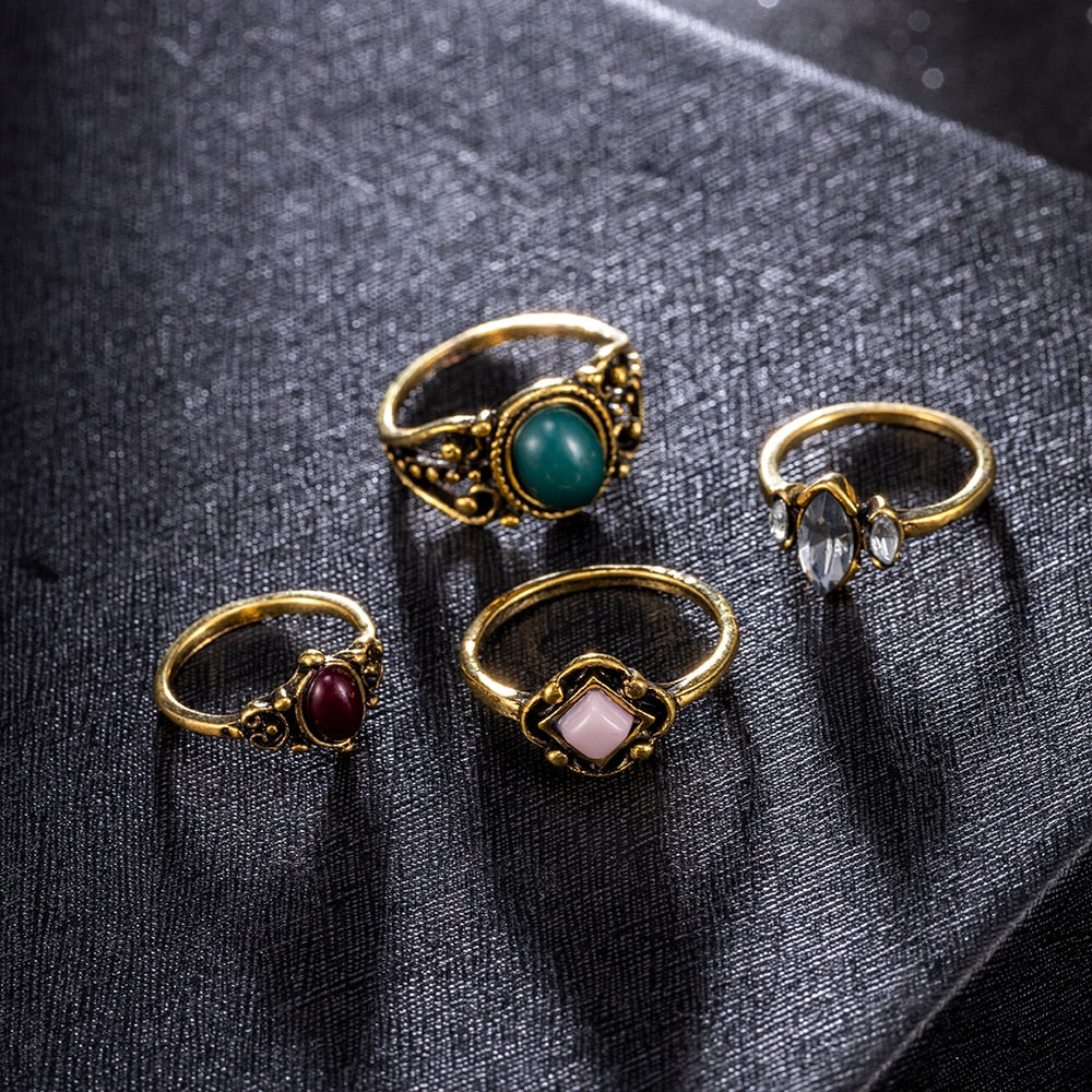 4PCS/Set Bohemian Vintage Crystal Rings Lucky Midi Rings Set Knuckle Rings Set Women daiiibabyyy