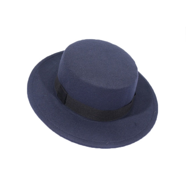 Autumn Winter Wool Boater Flat Top Hat For Women's Felt Wide Brim Fedora Hat Jazz Cap Classic Bowler Gambler Top Hat daiiibabyyy