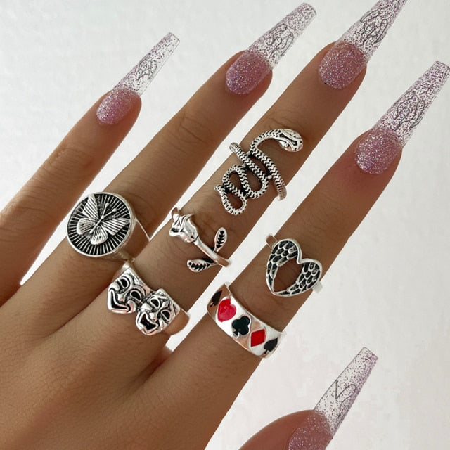 Aprilwell 6 PCs Gothic Silver Color Ring Set For Women Aesthetic 2021 Costume Retro Jewelry Anxiety Chunky Gadgets Free Shipping daiiibabyyy