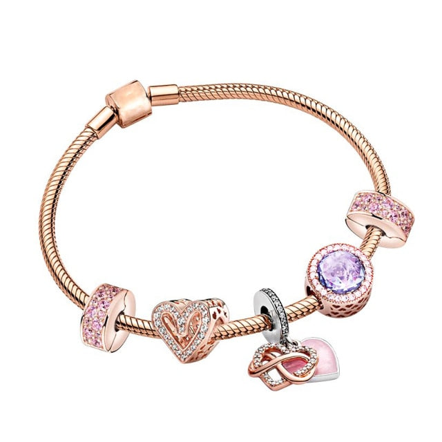 BRACE CO European Heart-shaped Pendant Charm Bracelet Fit Women's Jewellery Snake Chain Rose Gold Metal Fashion Fine Bracelets daiiibabyyy
