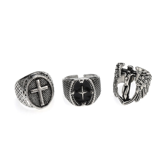 3pc 4pc 5pc Vintage Gothic Snake Rings Men Bull Head Skull Feather Dragon Cross Animal Men Ring Punk Jewelry Evil Eye Ball Ring daiiibabyyy