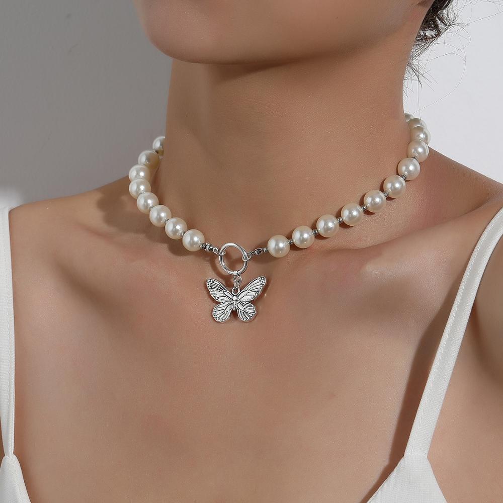 Antique Pearl Chain Necklace With Butterfly Pendant Charms Silvery Neck Jewelry For Women Party Gift Ideas daiiibabyyy