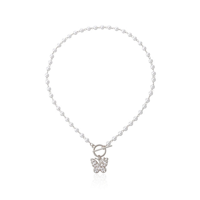 Antique Pearl Chain Necklace With Butterfly Pendant Charms Silvery Neck Jewelry For Women Party Gift Ideas daiiibabyyy