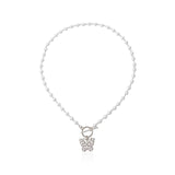 Antique Pearl Chain Necklace With Butterfly Pendant Charms Silvery Neck Jewelry For Women Party Gift Ideas daiiibabyyy