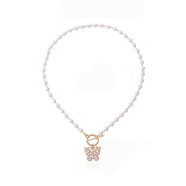 Antique Pearl Chain Necklace With Butterfly Pendant Charms Silvery Neck Jewelry For Women Party Gift Ideas daiiibabyyy