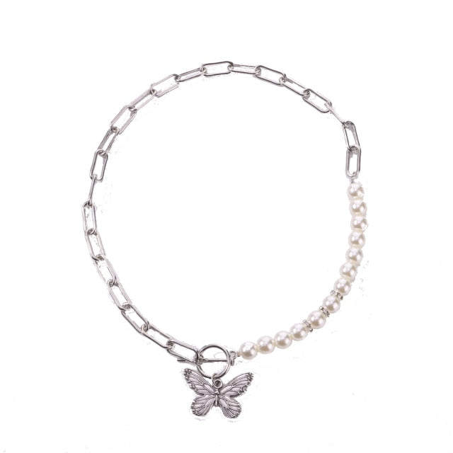 Antique Pearl Chain Necklace With Butterfly Pendant Charms Silvery Neck Jewelry For Women Party Gift Ideas daiiibabyyy