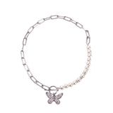 Antique Pearl Chain Necklace With Butterfly Pendant Charms Silvery Neck Jewelry For Women Party Gift Ideas daiiibabyyy