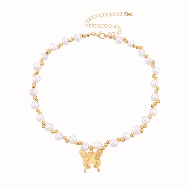 Antique Pearl Chain Necklace With Butterfly Pendant Charms Silvery Neck Jewelry For Women Party Gift Ideas daiiibabyyy