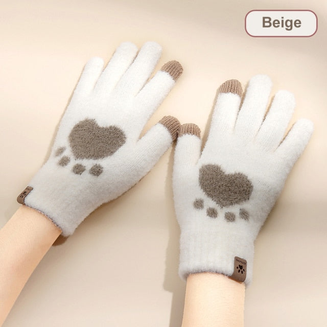 Autumn Winter Women's Gloves Touchscreen Cat Paw Pattern Warm Split Finger Glove Fleece Outdoor Cycling Driving Cold-Proof Glove daiiibabyyy
