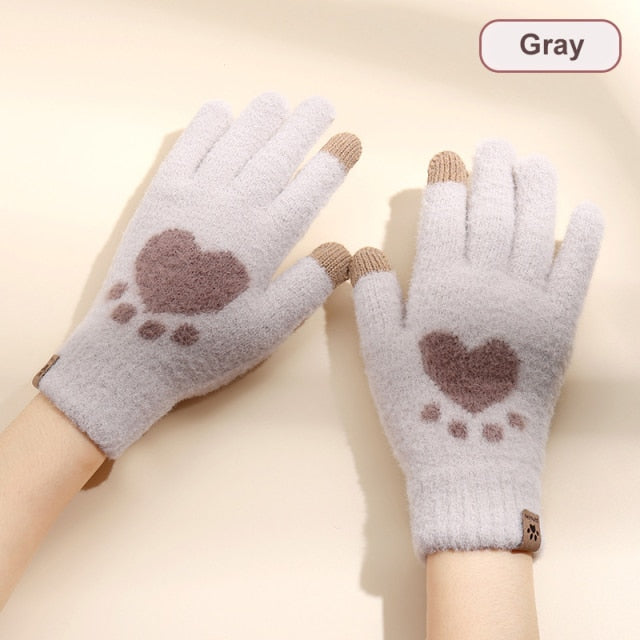 Autumn Winter Women's Gloves Touchscreen Cat Paw Pattern Warm Split Finger Glove Fleece Outdoor Cycling Driving Cold-Proof Glove daiiibabyyy