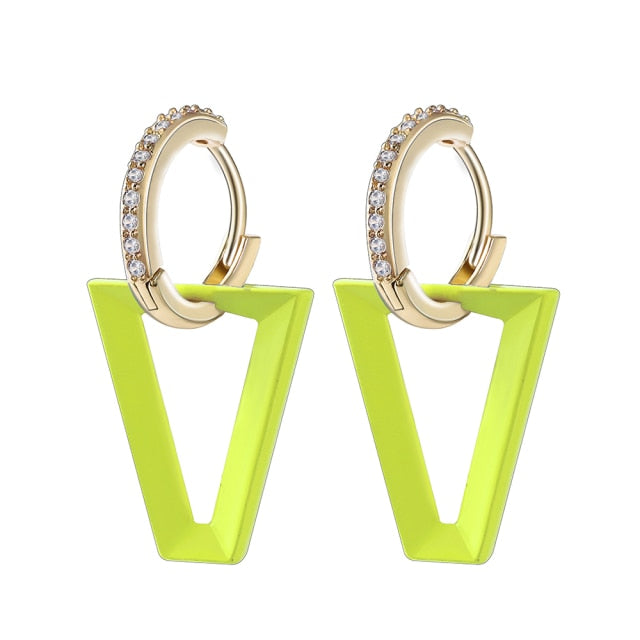 2Pcs  Neon Green Fluorescent Pendant Triangle Earrings for women Geometric Fashion Female CZ Jewelry Gift Memorial Day Festival daiiibabyyy