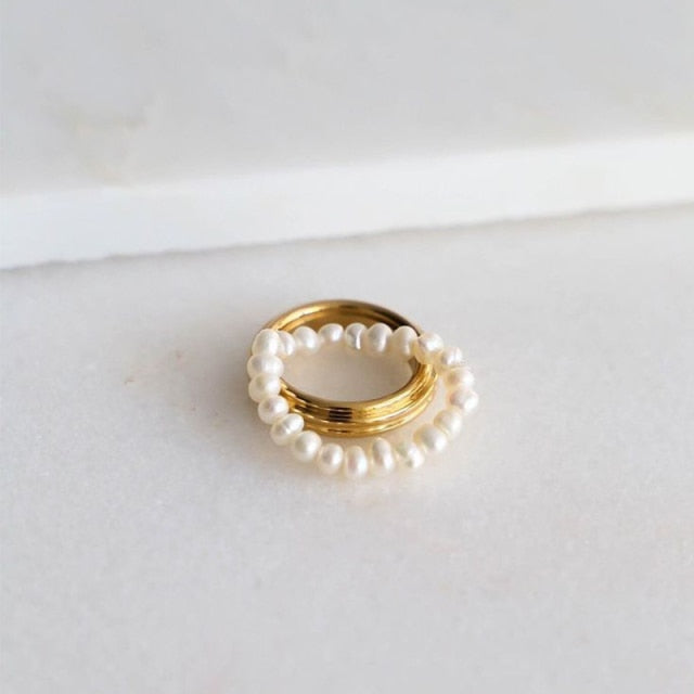 Bohemian Handmade Natural Stone Freshwater Pearl Rings Women with Stainless Steel Bead Stretch Rope Wedding Ring Adjustable daiiibabyyy