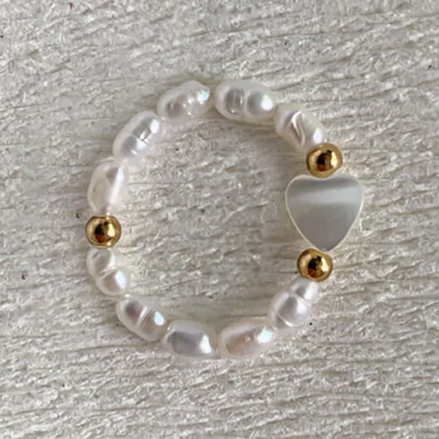 Bohemian Handmade Natural Stone Freshwater Pearl Rings Women with Stainless Steel Bead Stretch Rope Wedding Ring Adjustable daiiibabyyy