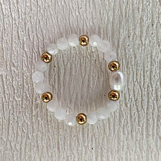 Bohemian Handmade Natural Stone Freshwater Pearl Rings Women with Stainless Steel Bead Stretch Rope Wedding Ring Adjustable daiiibabyyy