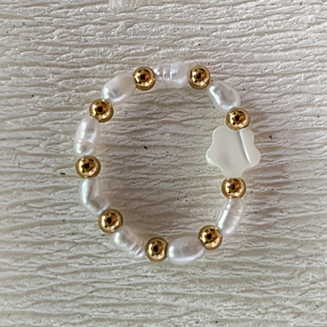 Bohemian Handmade Natural Stone Freshwater Pearl Rings Women with Stainless Steel Bead Stretch Rope Wedding Ring Adjustable daiiibabyyy