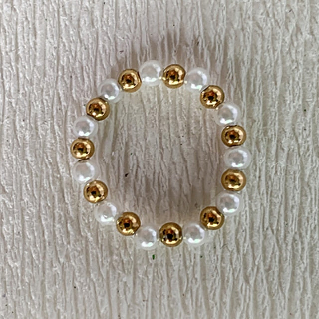 Bohemian Handmade Natural Stone Freshwater Pearl Rings Women with Stainless Steel Bead Stretch Rope Wedding Ring Adjustable daiiibabyyy