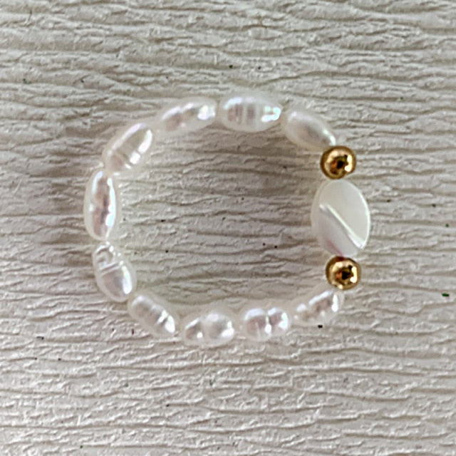 Bohemian Handmade Natural Stone Freshwater Pearl Rings Women with Stainless Steel Bead Stretch Rope Wedding Ring Adjustable daiiibabyyy