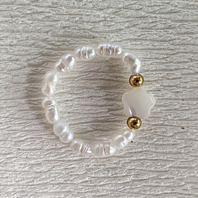 Bohemian Handmade Natural Stone Freshwater Pearl Rings Women with Stainless Steel Bead Stretch Rope Wedding Ring Adjustable daiiibabyyy