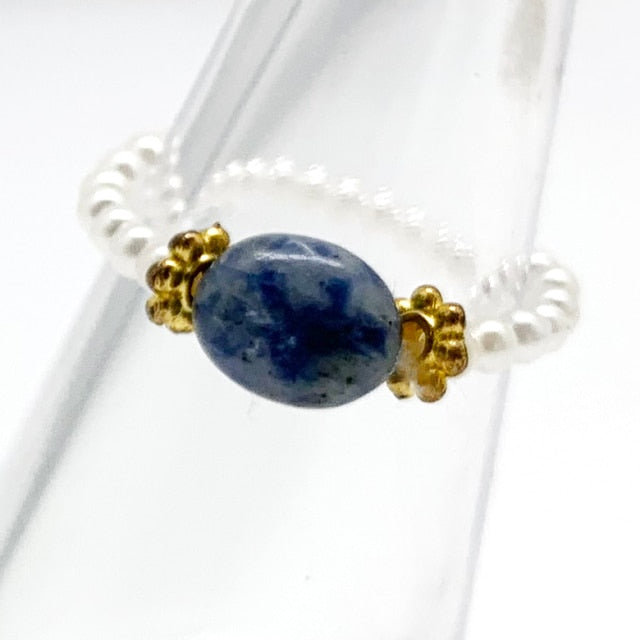 Bohemian Handmade Natural Stone Freshwater Pearl Rings Women with Stainless Steel Bead Stretch Rope Wedding Ring Adjustable daiiibabyyy