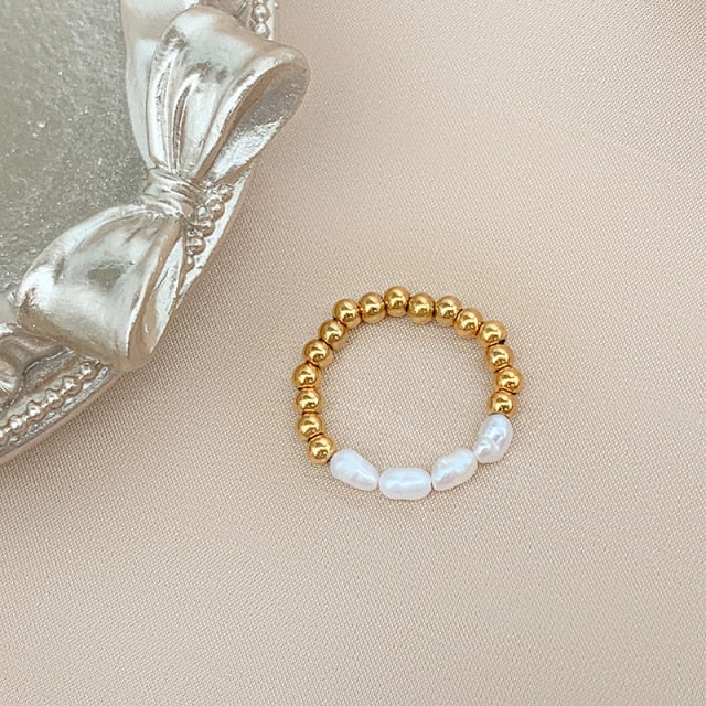Bohemian Handmade Natural Stone Freshwater Pearl Rings Women with Stainless Steel Bead Stretch Rope Wedding Ring Adjustable daiiibabyyy
