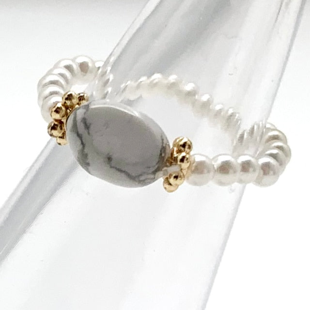 Bohemian Handmade Natural Stone Freshwater Pearl Rings Women with Stainless Steel Bead Stretch Rope Wedding Ring Adjustable daiiibabyyy
