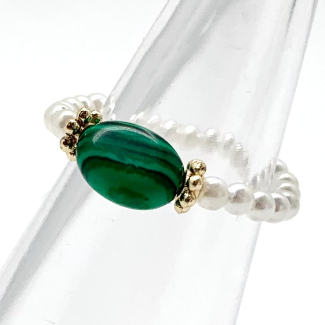 Bohemian Handmade Natural Stone Freshwater Pearl Rings Women with Stainless Steel Bead Stretch Rope Wedding Ring Adjustable daiiibabyyy