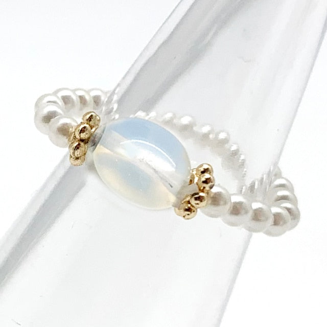 Bohemian Handmade Natural Stone Freshwater Pearl Rings Women with Stainless Steel Bead Stretch Rope Wedding Ring Adjustable daiiibabyyy